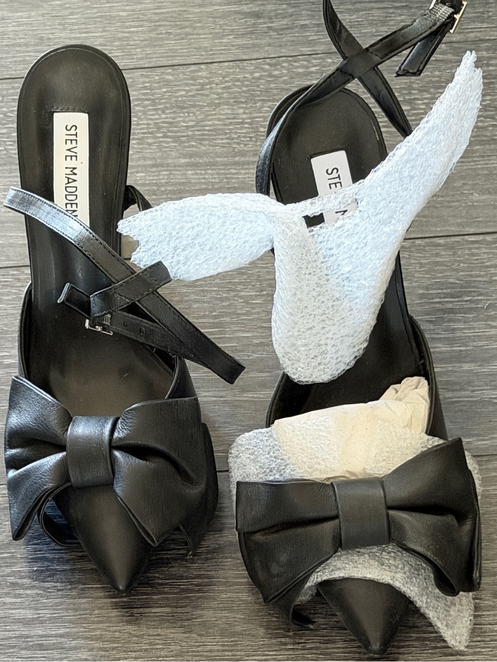Steve Madden Black Pointed-Toe Bow Ankle-Strap Heels